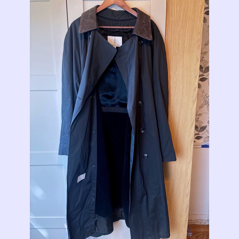 London Fog Mens Black Double Breasted Trench Coat Leather Collar Size 44 Short